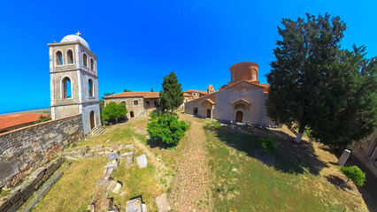 Fototapeta na wymiar from above, Saint Mary Church and Monastery observed at Apollonia archaeological site in Albania. This historical location was established by Greek settlers from Corinth who worshiped the god Apollo.