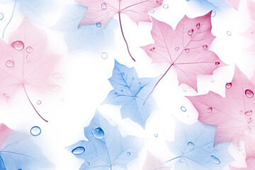 Pastel pink and blue  leaves with drops of water, isolated white background