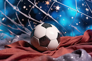 Fototapeta premium Soccer ball sitting in net with stars in the background