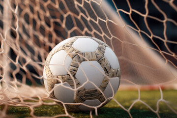 Naklejka premium Soccer ball on goal net background