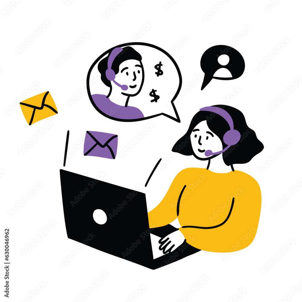 Sticker Cartoon Color Teamwork Concept with Characters People Flat Design Style. Vector illustration of Scene Call Center Support Business