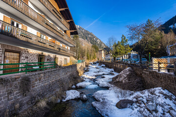 Moena, Italy - February, 17, 2023: In the village of Moena, a community in Trentino in the northern Italian region. Largest town in the Fassa Valley in the dolomites and the gateway to the valley.