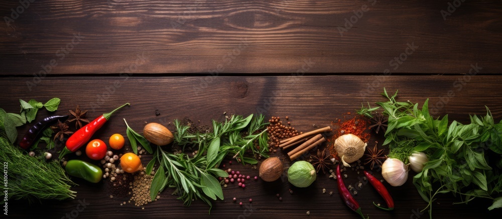 Poster fresh herbs and spices placed on a wooden table, seen from above, and with space for additional text