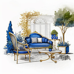 an illustration of a living room with blue furniture