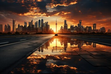 empty asphalt road and city skyline with sunset tower in shanghai