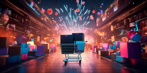 Black Friday online shopping scene with digital storefronts and a flurry of mouse clicks as customers make purchases