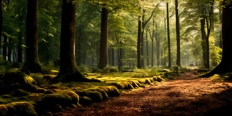 serene forest scene with a gradient background of earthy greens and browns