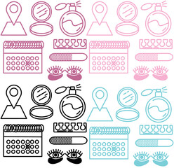 Simple vector icons for beauty salon in pink, black, dusty and mint colors. Icons location, mirror, retro perfume, schedule, nail file, pedicure divider, eye patches.