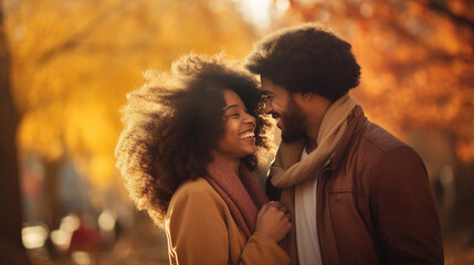 Young happy African American couple in love walking in the park in autumn