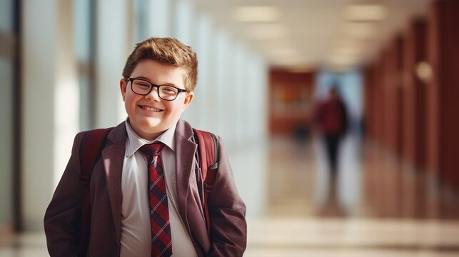 Cute schoolboy in school uniform smiling on the background of the school corridor