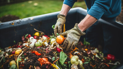 Person composting food waste in backyard compost bin garden - obrazy, fototapety, plakaty