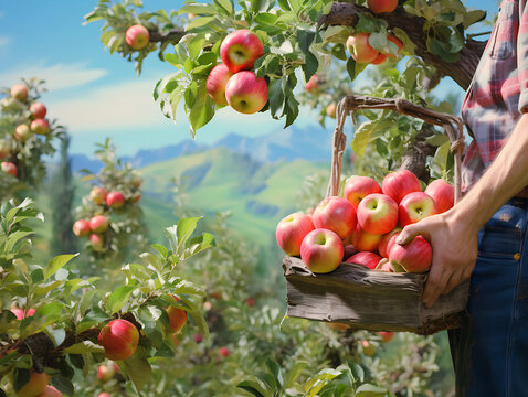 Picturesque landscape of an apple orchard with a view of the mountains. Harvest of apples. The farmer is holding a basket of apples. Heavenly, sunny garden with apples.