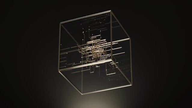 an abstract gold cubic cube on black background, in the style of kinetic installations