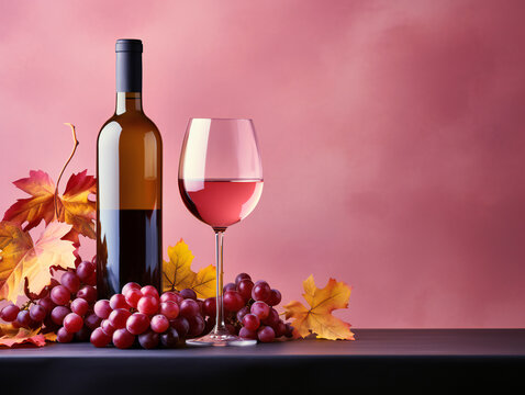 Still life with a glass and a bottle of wine and grapes. Wine on a minimalistic background with bunches of grapes and autumn leaves. Grape harvest.