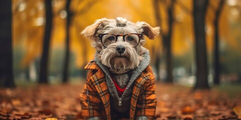 Hipster dog walks in the autumn park. Small dog in fashionable, modern, warm clothes.