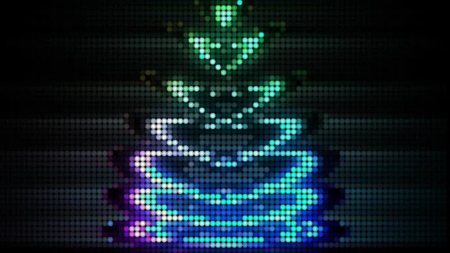  colorful animation of christmas tree stylized in many dots pattern imprint overlay. Flicker video efect and glowing neons in black background for holiday