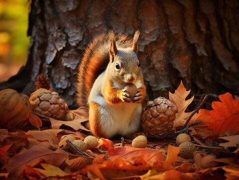 A squirrel eats a nut in the autumn forest. The squirrel stocks up on nuts. Pine cones and yellow autumn leaves.