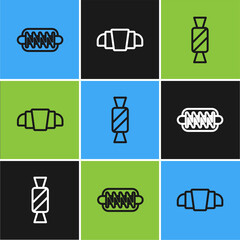 Set line Hotdog sandwich, Candy and Croissant icon. Vector