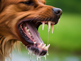 Mad and aggressive dog with saliva drooling barking. Rabies infection concept