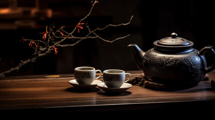 An antique wooden tea table with a Yixing teapot and cups, Chinese calligraphy in the background, high contrast, dark mood, soft warm lighting