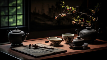 Obraz na płótnie Canvas An antique wooden tea table with a Yixing teapot and cups, Chinese calligraphy in the background, high contrast, dark mood, soft warm lighting