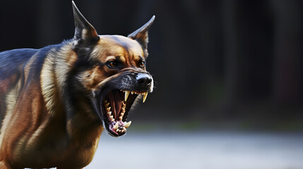 Head shot of aggressive german sheperd dog barking. Rabies infection concept.