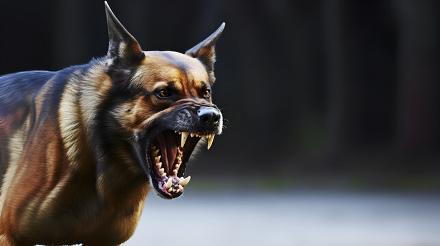 Head shot of aggressive german sheperd dog barking. Rabies infection concept.