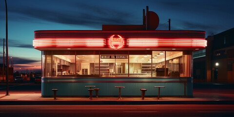 Deserted diner at twilight, vintage Americana, glowing neon sign, low angle shot, with an ambiance - Powered by Adobe