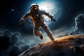 Fototapeta premium Spaceman or astronaut on surface of moon.