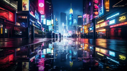 Stickers pour porte Moscou Epic wide shot of a futuristic cyberpunk cityscape at night, neon lights, billboards, reflections in the rain