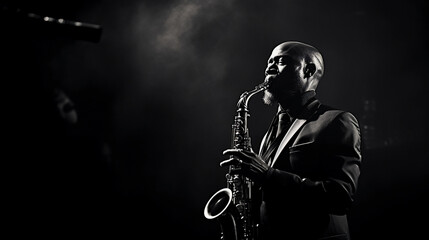Intimate close - up of a jazz musician playing a saxophone in a smoky room - obrazy, fototapety, plakaty