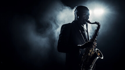 Fototapeta na wymiar Intimate close - up of a jazz musician playing a saxophone in a smoky room