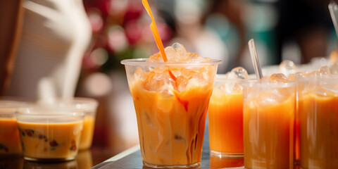 a Thai iced tea preparation, vibrant orange color, condensed milk pouring into the glass, dynamic motion, colorful street food market in the background
