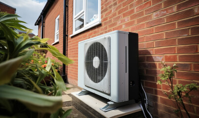 An air source heat pump heating unit installed on the outside of a house