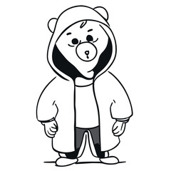 rapper grizzly bear with hoodie on vector illustration doodle line art