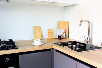 Modern luxury loft studio apartment interior with dark grey kitchen, white and wood material. real new interior design