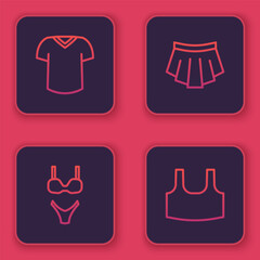 Set line T-shirt, Swimsuit, Skirt and Undershirt. Blue square button. Vector