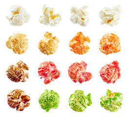 Set of various colorful popcorn. Salted, caramel, chocolate and fruit flavor