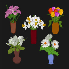Obraz premium Flat vector bunches of flowers in ceramic vases. Dark theme. Isolated outlines flowers on black background. Botanical illustration. Perfect for greeting card, invitation, banner, stickers, home decor
