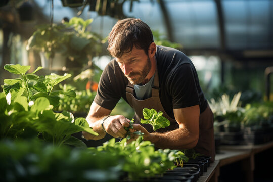 a greenhouse worker in action, carefully tending to plants, inspecting leaves, or pruning, exemplifying the dedication and expertise required in horticulture as an occupation Generative AI