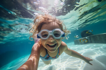 Little smiling girl in underwater goggles dives into the water.