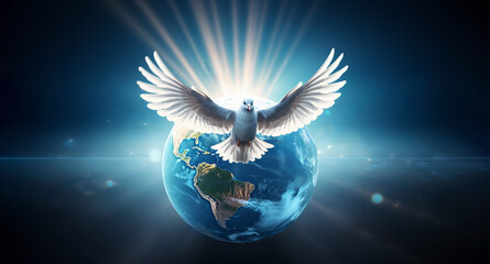 White dove symbol of love and peace flies above planet Earth.
