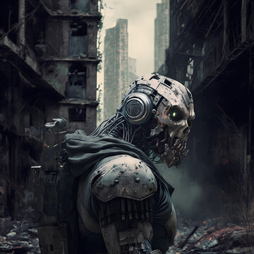 Cyborg warrior in post apocaliptic world for dark design