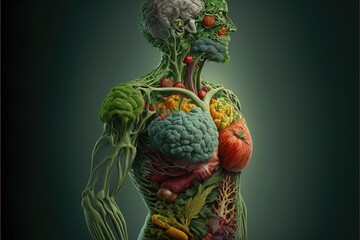 Human torso portrait made of vegetables on isolated background. Surrealism and abstract art.