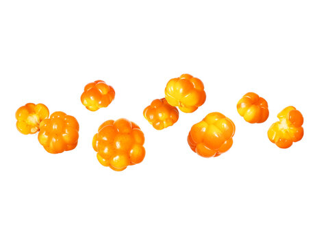Ripe cloudberries closeup in the air isolated on white background