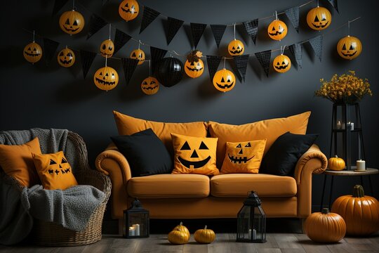 holidays, decoration and party concept - home room with jack-o-lanterns or pumpkins on sofa and halloween decorations