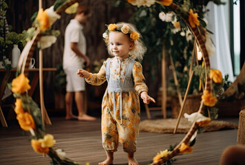 Toddler playing with a wooden hula hoop in party, ai generated