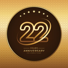 22th anniversary logo with a golden number and ring isolated on a golden pattern background, logo vector illustration