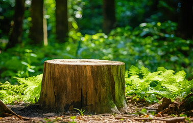 Fototapeta premium Wooden stump cut saw in the forest with ferns in the background. High quality photo