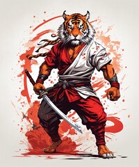 Tiger samurai with sword in traditional clothes